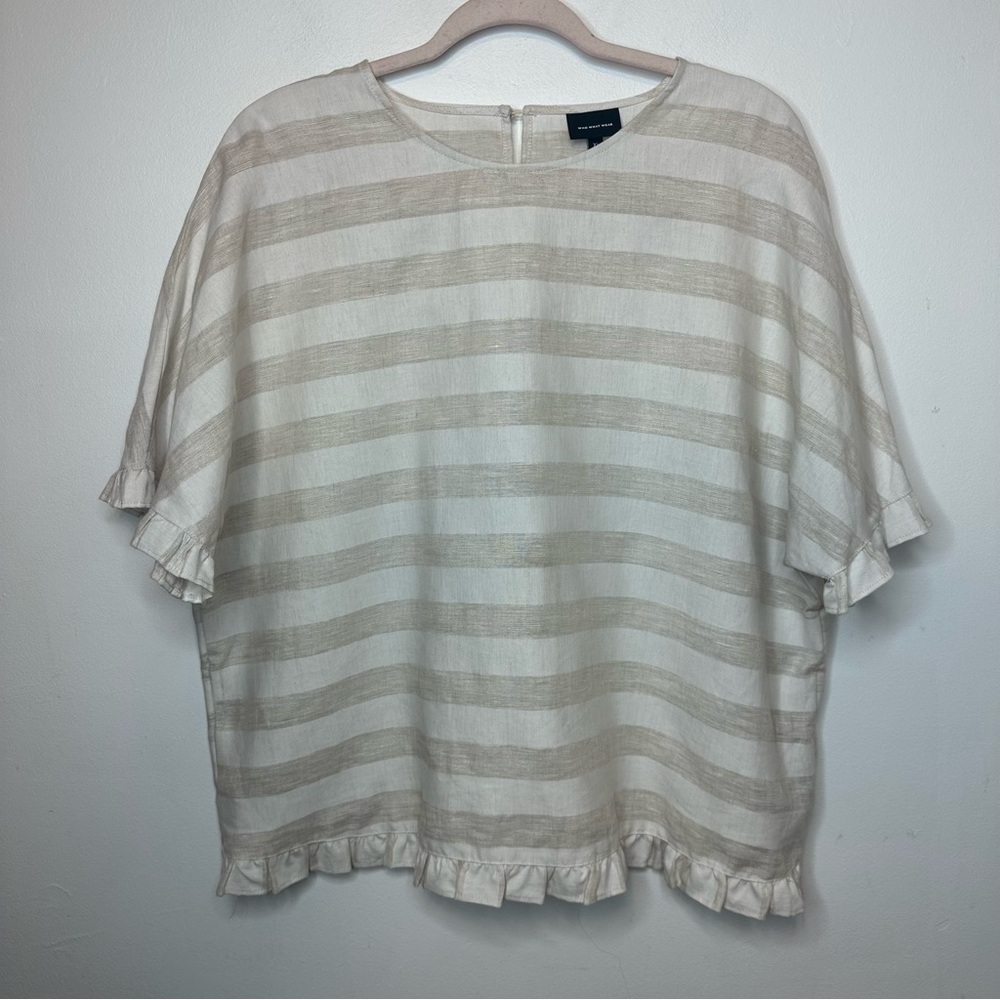 Who What Wear Women's Short Sleeve Size XL Beige Cream Striped Linen Ruffle Top
